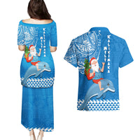 Hawaii Mele Kalikimaka Couples Matching Puletasi Dress and Hawaiian Shirt Santa Riding The DolPhin Mix Kakau Pattern Blue Style LT03 - Polynesian Pride