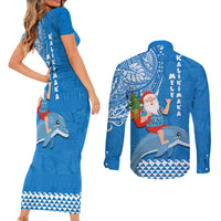 Hawaii Mele Kalikimaka Couples Matching Short Sleeve Bodycon Dress and Long Sleeve Button Shirt Santa Riding The DolPhin Mix Kakau Pattern Blue Style LT03 - Polynesian Pride
