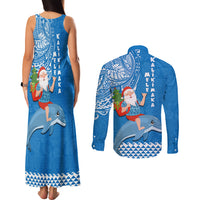Hawaii Mele Kalikimaka Couples Matching Tank Maxi Dress and Long Sleeve Button Shirt Santa Riding The DolPhin Mix Kakau Pattern Blue Style LT03 - Polynesian Pride