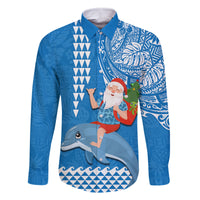 Hawaii Mele Kalikimaka Family Matching Off Shoulder Short Dress and Hawaiian Shirt Santa Riding The DolPhin Mix Kakau Pattern Blue Style LT03 Dad's Shirt - Long Sleeve Blue - Polynesian Pride