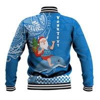 Custom Hawaii Mele Kalikimaka Baseball Jacket Santa Riding The DolPhin Mix Kakau Pattern Blue Style LT03 - Polynesian Pride