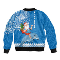 Custom Hawaii Mele Kalikimaka Bomber Jacket Santa Riding The DolPhin Mix Kakau Pattern Blue Style LT03 - Polynesian Pride