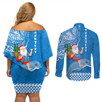 Custom Hawaii Mele Kalikimaka Couples Matching Off Shoulder Short Dress and Long Sleeve Button Shirt Santa Riding The DolPhin Mix Kakau Pattern Blue Style LT03 - Polynesian Pride