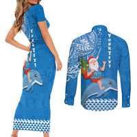 Custom Hawaii Mele Kalikimaka Couples Matching Short Sleeve Bodycon Dress and Long Sleeve Button Shirt Santa Riding The DolPhin Mix Kakau Pattern Blue Style LT03 - Polynesian Pride