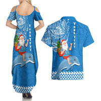 Custom Hawaii Mele Kalikimaka Couples Matching Summer Maxi Dress and Hawaiian Shirt Santa Riding The DolPhin Mix Kakau Pattern Blue Style LT03 - Polynesian Pride