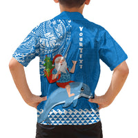 Custom Hawaii Mele Kalikimaka Family Matching Short Sleeve Bodycon Dress and Hawaiian Shirt Santa Riding The DolPhin Mix Kakau Pattern Blue Style LT03 - Polynesian Pride