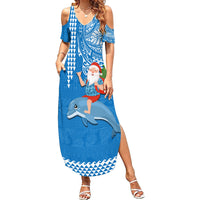 Custom Hawaii Mele Kalikimaka Family Matching Summer Maxi Dress and Hawaiian Shirt Santa Riding The DolPhin Mix Kakau Pattern Blue Style LT03 Mom's Dress Blue - Polynesian Pride