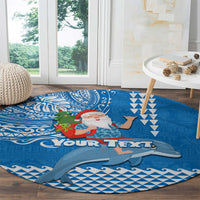 Custom Hawaii Mele Kalikimaka Round Carpet Santa Riding The DolPhin Mix Kakau Pattern Blue Style LT03 - Polynesian Pride
