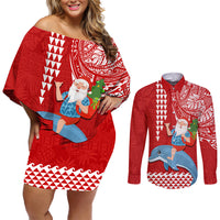 Hawaii Mele Kalikimaka Couples Matching Off Shoulder Short Dress and Long Sleeve Button Shirt Santa Riding The DolPhin Mix Kakau Pattern Red Style LT03 Red - Polynesian Pride