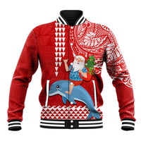Custom Hawaii Mele Kalikimaka Baseball Jacket Santa Riding The DolPhin Mix Kakau Pattern Red Style LT03 Unisex Red - Polynesian Pride