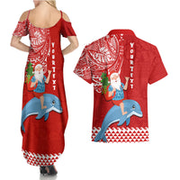 Custom Hawaii Mele Kalikimaka Couples Matching Summer Maxi Dress and Hawaiian Shirt Santa Riding The DolPhin Mix Kakau Pattern Red Style LT03 - Polynesian Pride