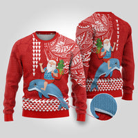 Custom Hawaii Mele Kalikimaka Ugly Christmas Sweater Santa Riding The DolPhin Mix Kakau Pattern Red Style LT03 Red - Polynesian Pride