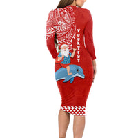 Custom Hawaii Mele Kalikimaka Long Sleeve Bodycon Dress Santa Riding The DolPhin Mix Kakau Pattern Red Style LT03 - Polynesian Pride