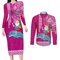 Hawaii Mele Kalikimaka Couples Matching Long Sleeve Bodycon Dress and Long Sleeve Button Shirt Santa Riding The DolPhin Mix Kakau Pattern Pink Style LT03 Pink - Polynesian Pride