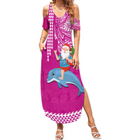 Hawaii Mele Kalikimaka Family Matching Summer Maxi Dress and Hawaiian Shirt Santa Riding The DolPhin Mix Kakau Pattern Pink Style LT03 Mom's Dress Pink - Polynesian Pride