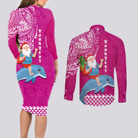 Custom Hawaii Mele Kalikimaka Couples Matching Long Sleeve Bodycon Dress and Long Sleeve Button Shirt Santa Riding The DolPhin Mix Kakau Pattern Pink Style LT03 - Polynesian Pride