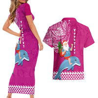 Custom Hawaii Mele Kalikimaka Couples Matching Short Sleeve Bodycon Dress and Hawaiian Shirt Santa Riding The DolPhin Mix Kakau Pattern Pink Style LT03 - Polynesian Pride
