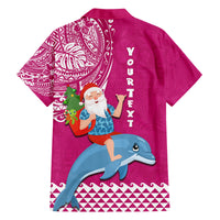 Custom Hawaii Mele Kalikimaka Family Matching Long Sleeve Bodycon Dress and Hawaiian Shirt Santa Riding The DolPhin Mix Kakau Pattern Pink Style LT03 - Polynesian Pride