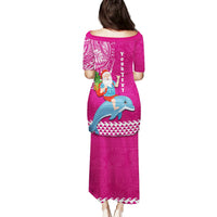 Custom Hawaii Mele Kalikimaka Family Matching Puletasi Dress and Hawaiian Shirt Santa Riding The DolPhin Mix Kakau Pattern Pink Style LT03 - Polynesian Pride