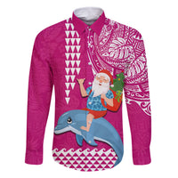 Custom Hawaii Mele Kalikimaka Family Matching Tank Maxi Dress and Hawaiian Shirt Santa Riding The DolPhin Mix Kakau Pattern Pink Style LT03 Dad's Shirt - Long Sleeve Pink - Polynesian Pride