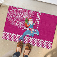 Custom Hawaii Mele Kalikimaka Rubber Doormat Santa Riding The DolPhin Mix Kakau Pattern Pink Style LT03 - Polynesian Pride