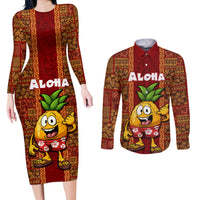 Hawaii Couples Matching Long Sleeve Bodycon Dress and Long Sleeve Button Shirt Aloha Funny Pineapple Mix Kakau Hawaiian Tribal LT03 Red - Polynesian Pride