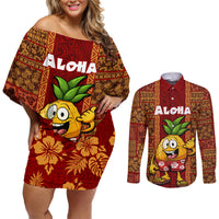 Hawaii Couples Matching Off Shoulder Short Dress and Long Sleeve Button Shirt Aloha Funny Pineapple Mix Kakau Hawaiian Tribal LT03 Red - Polynesian Pride