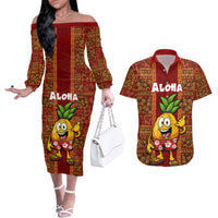 Custom Hawaii Couples Matching Off The Shoulder Long Sleeve Dress and Hawaiian Shirt Aloha Funny Pineapple Mix Kakau Hawaiian Tribal LT03 Red - Polynesian Pride