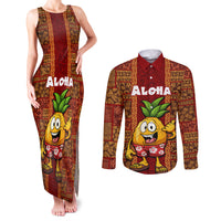Custom Hawaii Couples Matching Tank Maxi Dress and Long Sleeve Button Shirt Aloha Funny Pineapple Mix Kakau Hawaiian Tribal LT03 Red - Polynesian Pride