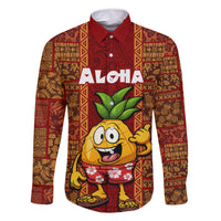 Custom Hawaii Family Matching Off Shoulder Maxi Dress and Hawaiian Shirt Aloha Funny Pineapple Mix Kakau Hawaiian Tribal LT03 Dad's Shirt - Long Sleeve Red - Polynesian Pride