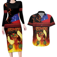 Samoan Siva Afi Couples Matching Long Sleeve Bodycon Dress and Hawaiian Shirt Tribal Performers of Samoan Fire Knife Dancing LT03 Black - Polynesian Pride