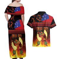 Samoan Siva Afi Couples Matching Off Shoulder Maxi Dress and Hawaiian Shirt Tribal Performers of Samoan Fire Knife Dancing LT03 - Polynesian Pride
