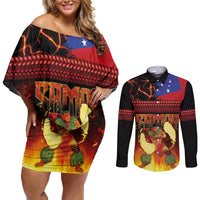 Samoan Siva Afi Couples Matching Off Shoulder Short Dress and Long Sleeve Button Shirt Tribal Performers of Samoan Fire Knife Dancing LT03 Black - Polynesian Pride