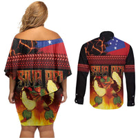 Samoan Siva Afi Couples Matching Off Shoulder Short Dress and Long Sleeve Button Shirt Tribal Performers of Samoan Fire Knife Dancing LT03 - Polynesian Pride