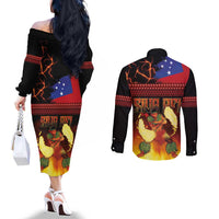 Samoan Siva Afi Couples Matching Off The Shoulder Long Sleeve Dress and Long Sleeve Button Shirt Tribal Performers of Samoan Fire Knife Dancing LT03 - Polynesian Pride