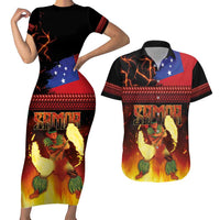 Samoan Siva Afi Couples Matching Short Sleeve Bodycon Dress and Hawaiian Shirt Tribal Performers of Samoan Fire Knife Dancing LT03 Black - Polynesian Pride