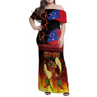 Samoan Siva Afi Family Matching Off Shoulder Maxi Dress and Hawaiian Shirt Tribal Performers of Samoan Fire Knife Dancing LT03 Mom's Dress Black - Polynesian Pride