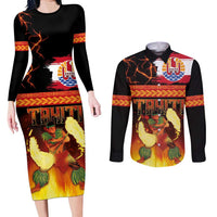 Tahitian Siva Afi Couples Matching Long Sleeve Bodycon Dress and Long Sleeve Button Shirt Tribal Performers of Tahitian Fire Knife Dancing LT03 Black - Polynesian Pride