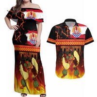 Tahitian Siva Afi Couples Matching Off Shoulder Maxi Dress and Hawaiian Shirt Tribal Performers of Tahitian Fire Knife Dancing LT03 Black - Polynesian Pride