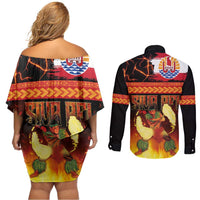 Tahitian Siva Afi Couples Matching Off Shoulder Short Dress and Long Sleeve Button Shirt Tribal Performers of Tahitian Fire Knife Dancing LT03 - Polynesian Pride