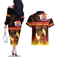 Tahitian Siva Afi Couples Matching Off The Shoulder Long Sleeve Dress and Hawaiian Shirt Tribal Performers of Tahitian Fire Knife Dancing LT03 - Polynesian Pride