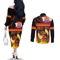Tahitian Siva Afi Couples Matching Off The Shoulder Long Sleeve Dress and Long Sleeve Button Shirt Tribal Performers of Tahitian Fire Knife Dancing LT03 - Polynesian Pride