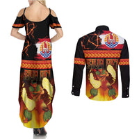 Tahitian Siva Afi Couples Matching Summer Maxi Dress and Long Sleeve Button Shirt Tribal Performers of Tahitian Fire Knife Dancing LT03 - Polynesian Pride