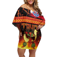Tahitian Siva Afi Off Shoulder Short Dress Tribal Performers of Tahitian Fire Knife Dancing LT03 Women Black - Polynesian Pride