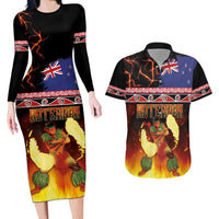 Aotearoa Siva Afi Couples Matching Long Sleeve Bodycon Dress and Hawaiian Shirt Tribal Performers of Aotearoa Fire Knife Dancing LT03 Black - Polynesian Pride