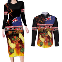 Aotearoa Siva Afi Couples Matching Long Sleeve Bodycon Dress and Long Sleeve Button Shirt Tribal Performers of Aotearoa Fire Knife Dancing LT03 Black - Polynesian Pride