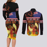 Aotearoa Siva Afi Couples Matching Long Sleeve Bodycon Dress and Long Sleeve Button Shirt Tribal Performers of Aotearoa Fire Knife Dancing LT03 - Polynesian Pride