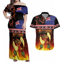 Aotearoa Siva Afi Couples Matching Off Shoulder Maxi Dress and Hawaiian Shirt Tribal Performers of Aotearoa Fire Knife Dancing LT03 Black - Polynesian Pride