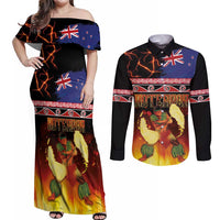 Aotearoa Siva Afi Couples Matching Off Shoulder Maxi Dress and Long Sleeve Button Shirt Tribal Performers of Aotearoa Fire Knife Dancing LT03 Black - Polynesian Pride