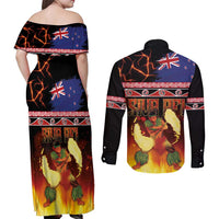 Aotearoa Siva Afi Couples Matching Off Shoulder Maxi Dress and Long Sleeve Button Shirt Tribal Performers of Aotearoa Fire Knife Dancing LT03 - Polynesian Pride